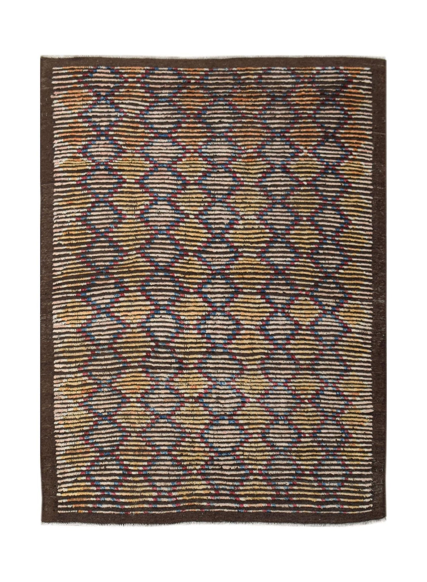 An Afghan Yekta rug featuring a geometric pattern of horizontal lines in earthy tones.