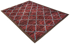 An Afghan Yekta rug featuring a red field with a blue geometric diamond pattern and brown border.