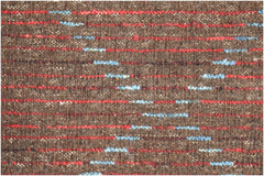 A brown hand-knotted Afghan wool rug featuring horizontal red and blue striped accents.