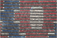 A hand-knotted Afghan rug featuring a dark brown base with horizontal stripes of red, blue, and cream.