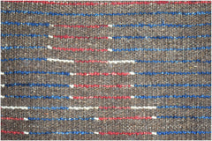 A hand-knotted Afghan rug featuring a brown wool base with horizontal red, blue, and white stripes.