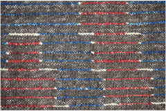 A hand-knotted Afghan rug featuring a dark brown wool base with horizontal red and blue stripes.