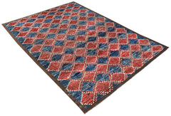 An Afghan Yekta rug featuring a red and blue diamond pattern with a dark brown border.