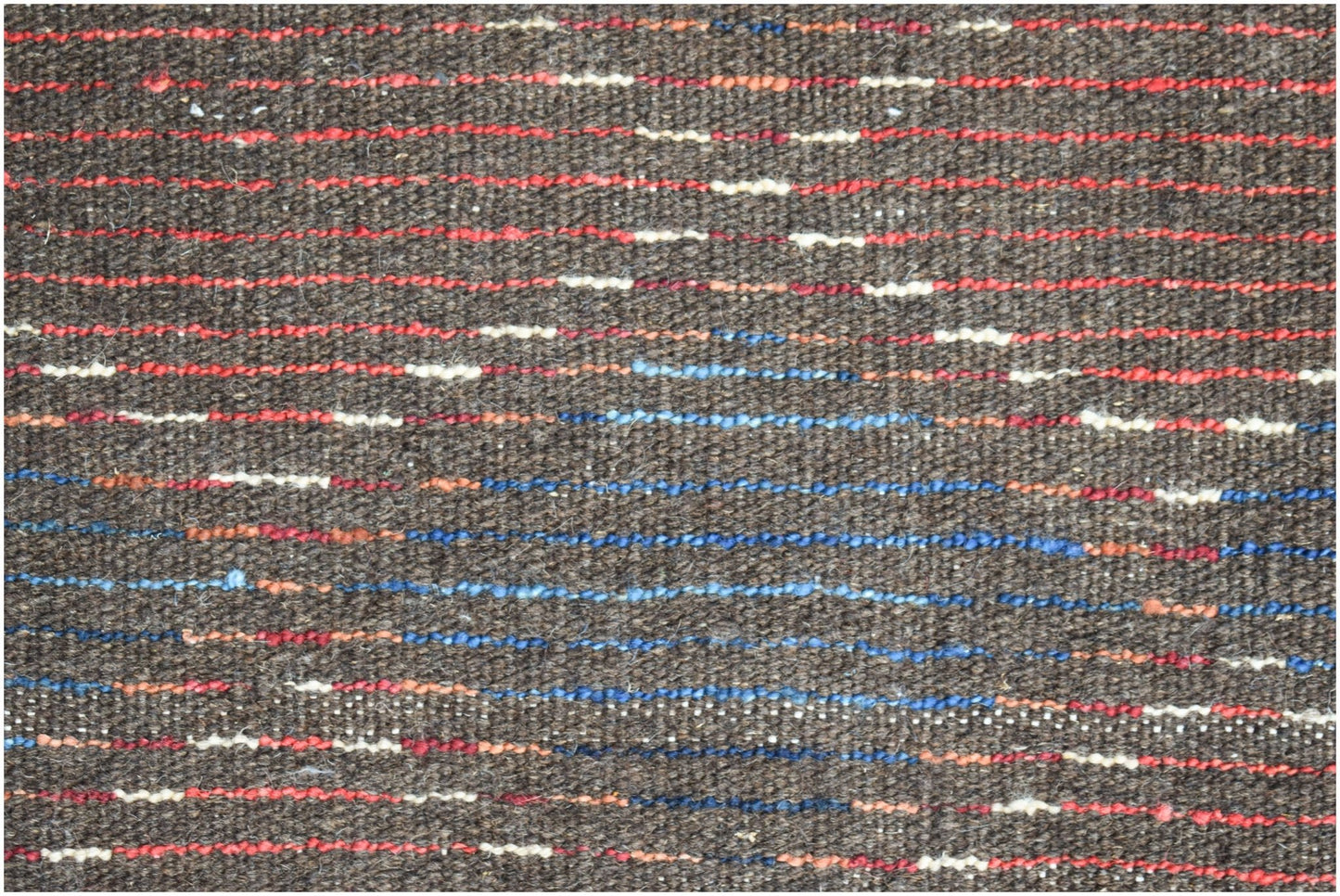 A dark brown hand-knotted Afghan rug featuring horizontal stripes of red, blue, and cream wool.