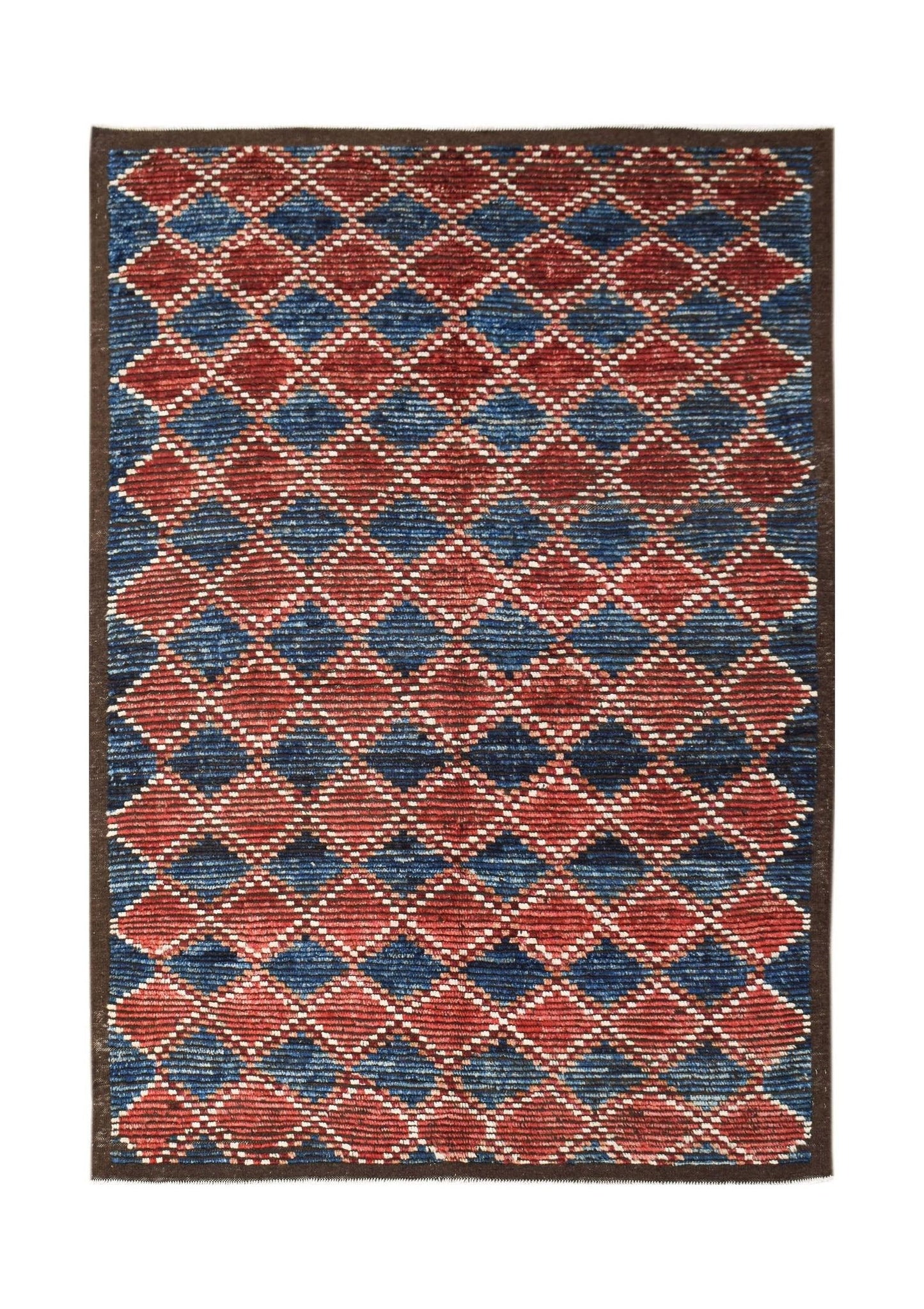 An Afghan Yekta rug featuring a repeating diamond pattern in red and blue with a brown border.