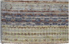 Handmade Afghan Yekta rug featuring horizontal stripes in shades of blue, brown, and yellow.