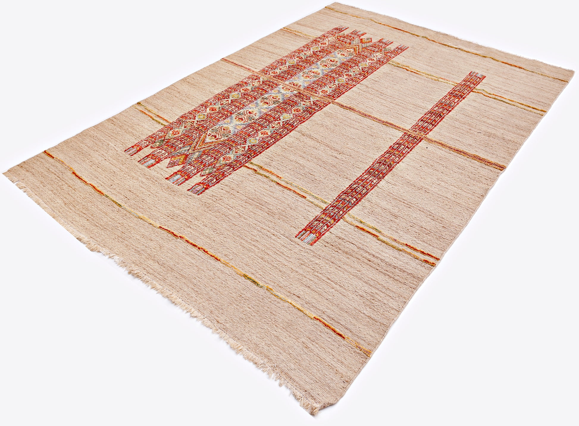 An Afghan Yekta rug featuring a beige field with geometric red patterns and fringed edges.
