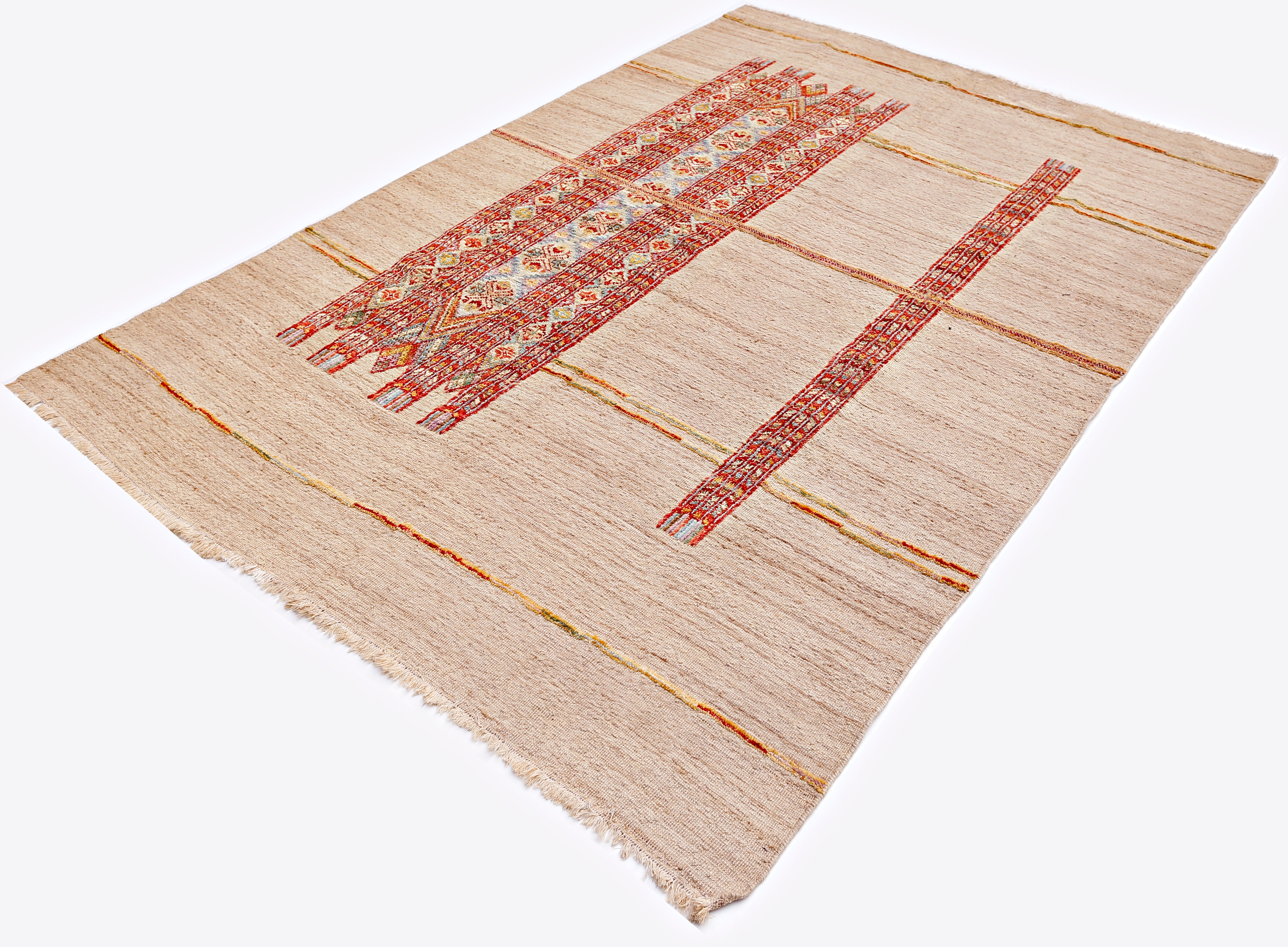 An Afghan Yekta rug featuring a beige field with geometric red patterns and fringed edges.
