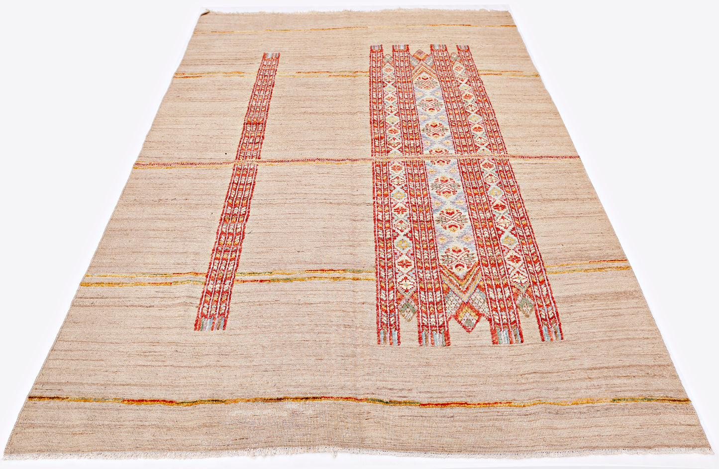 An Afghan Yekta rug featuring a beige field with red and blue geometric patterned stripes.