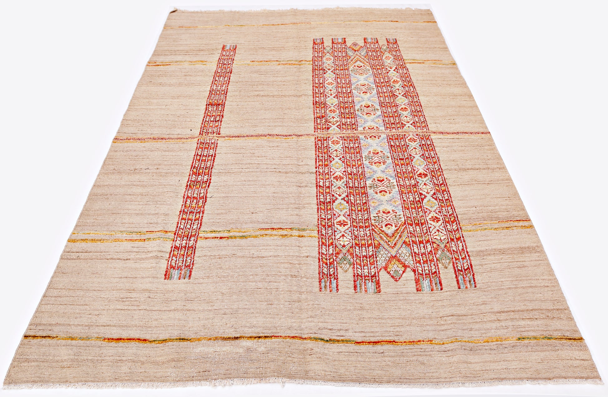 An Afghan Yekta rug featuring a beige field with red and blue geometric patterned stripes.