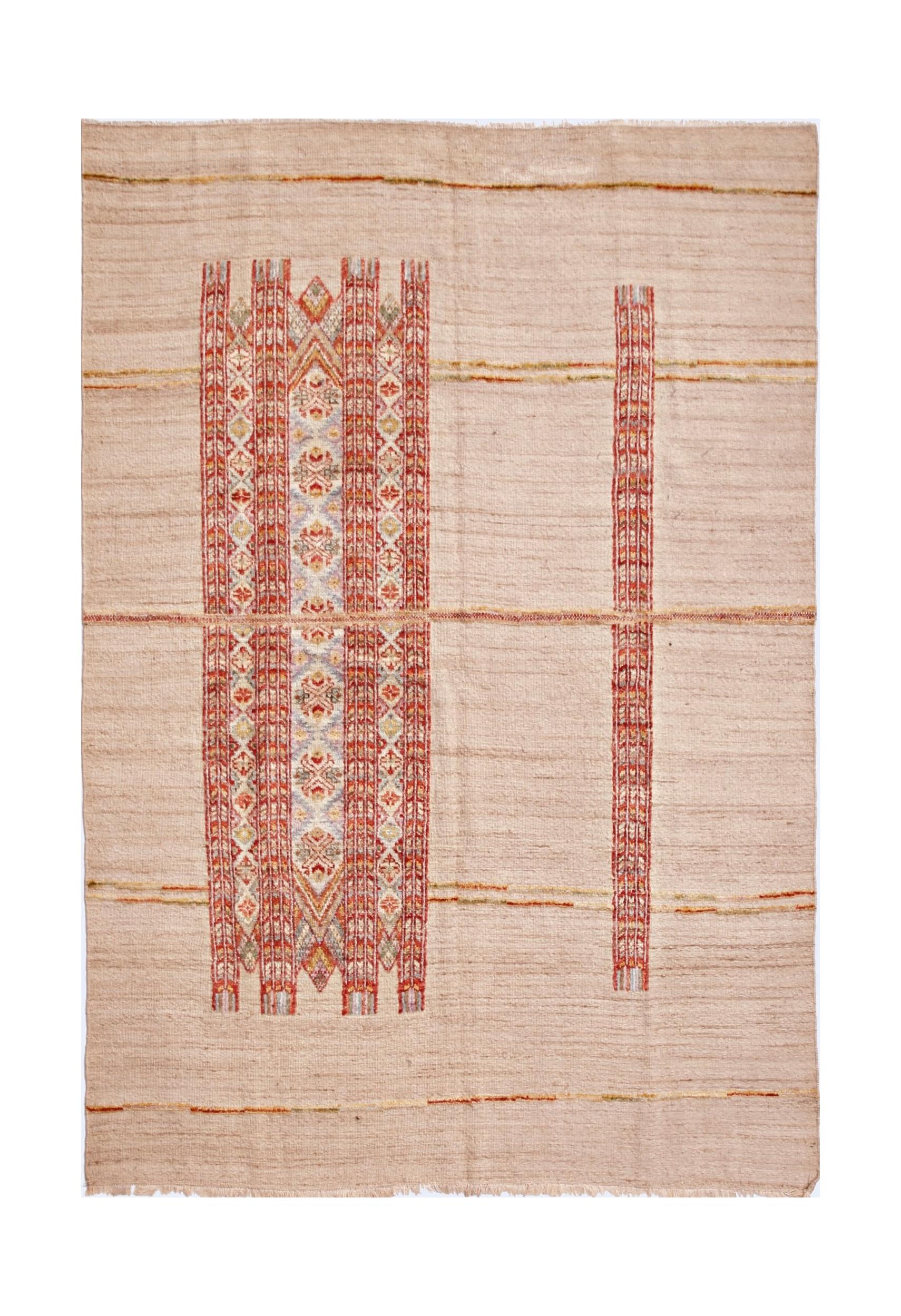 Handmade Afghan Yekta rug featuring a beige field with vertical geometric patterned panels.