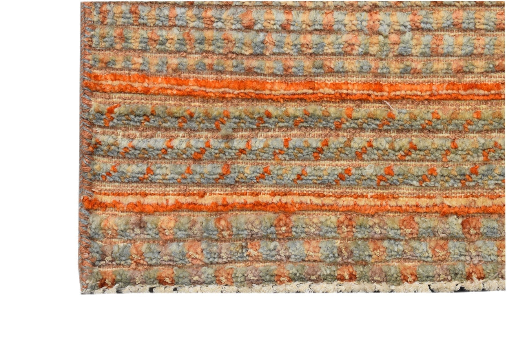 Handmade Afghan Yekta rug featuring a textured, striped pattern in shades of orange and grey.