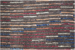 A hand-knotted Afghan rug featuring a dark brown wool base with horizontal multicolored stripes.