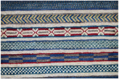 A close-up of an Afghan Yekta rug featuring horizontal bands of geometric patterns in wool.