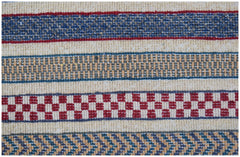 Handmade Afghan Yekta rug featuring horizontal bands of geometric patterns in red, blue, and tan.