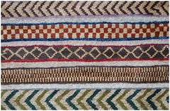 A close-up of an Afghan Yekta rug featuring horizontal bands of geometric patterns and textures.