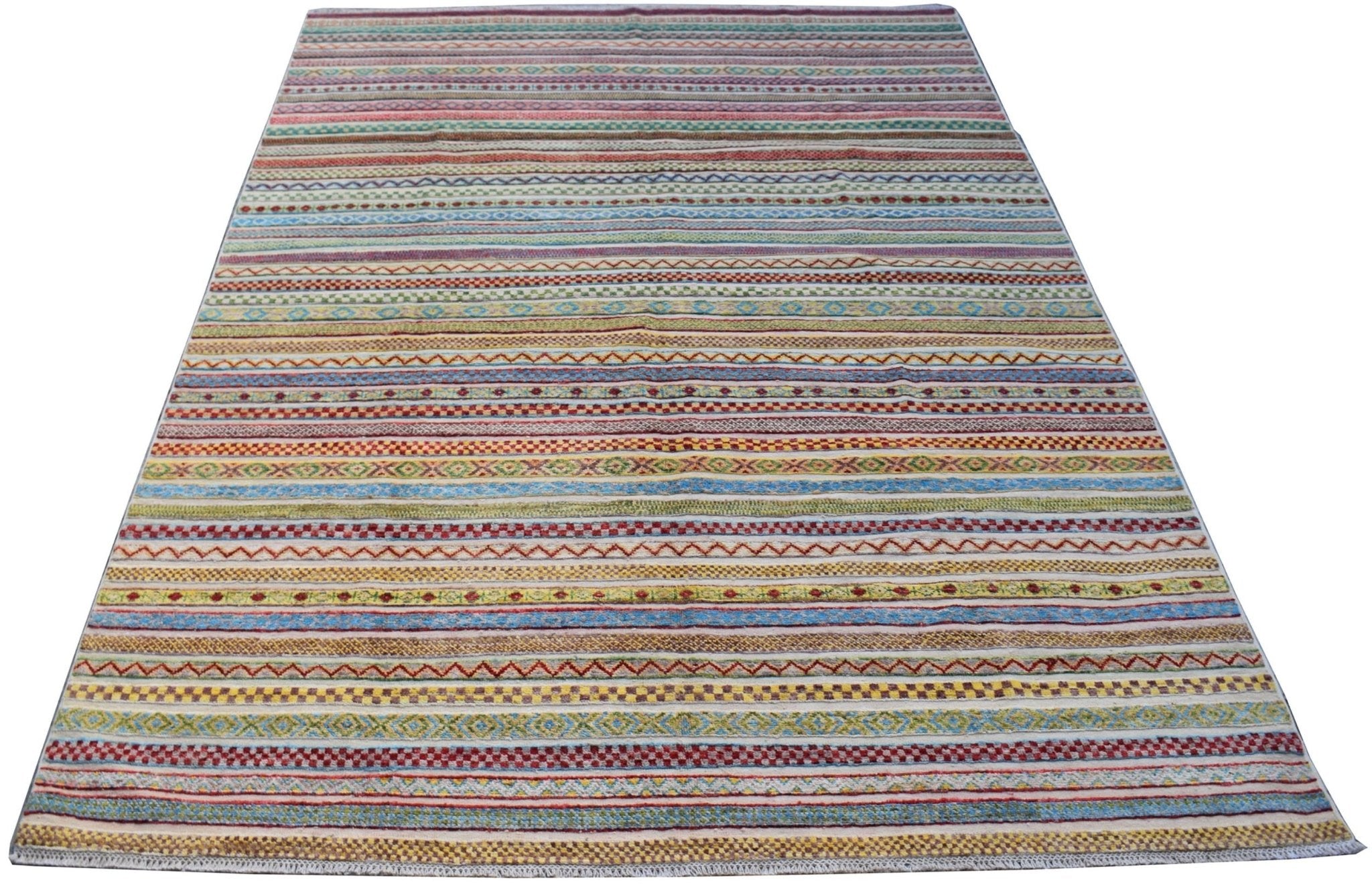 A handmade Afghan Yekta rug featuring a vibrant, multi-colored horizontal striped pattern.