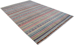 A handmade Afghan Yekta rug featuring a vibrant, multi-colored striped pattern with geometric motifs.