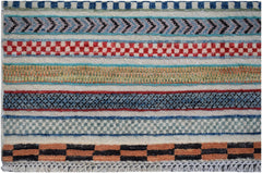 Handmade Afghan Yekta rug featuring horizontal bands of colorful geometric and checkered patterns.