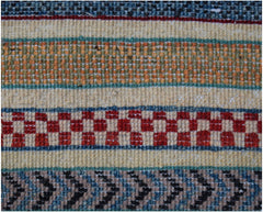 A close-up of an Afghan Yekta rug featuring horizontal bands of geometric patterns in wool.