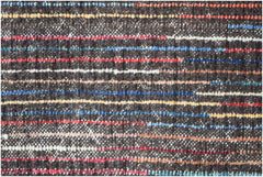 A hand-knotted Afghan rug featuring a dark brown base with horizontal stripes in vibrant colors.