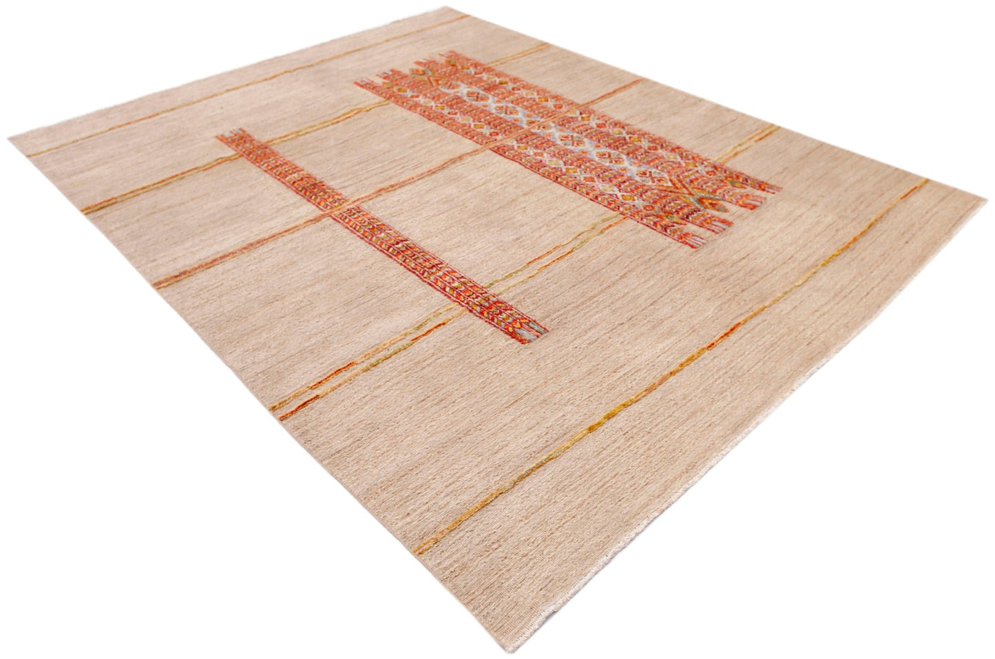 An Afghan Yekta rug featuring a beige field with horizontal stripes and patterned woven accents.