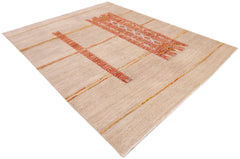 An Afghan Yekta rug featuring a beige field with horizontal stripes and patterned woven accents.