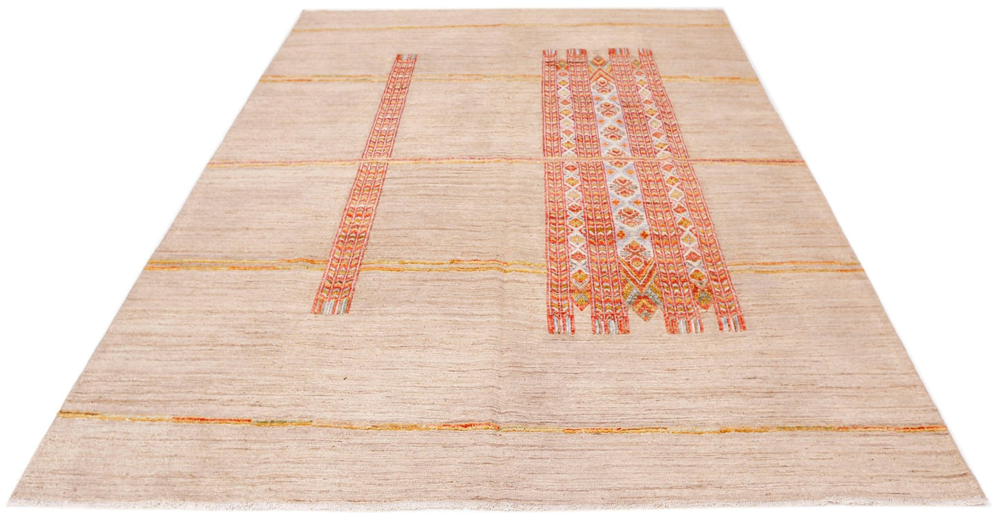 An Afghan Yekta rug featuring a beige field with horizontal stripes and two textured geometric panels.
