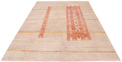 An Afghan Yekta rug featuring a beige field with horizontal stripes and two textured geometric panels.