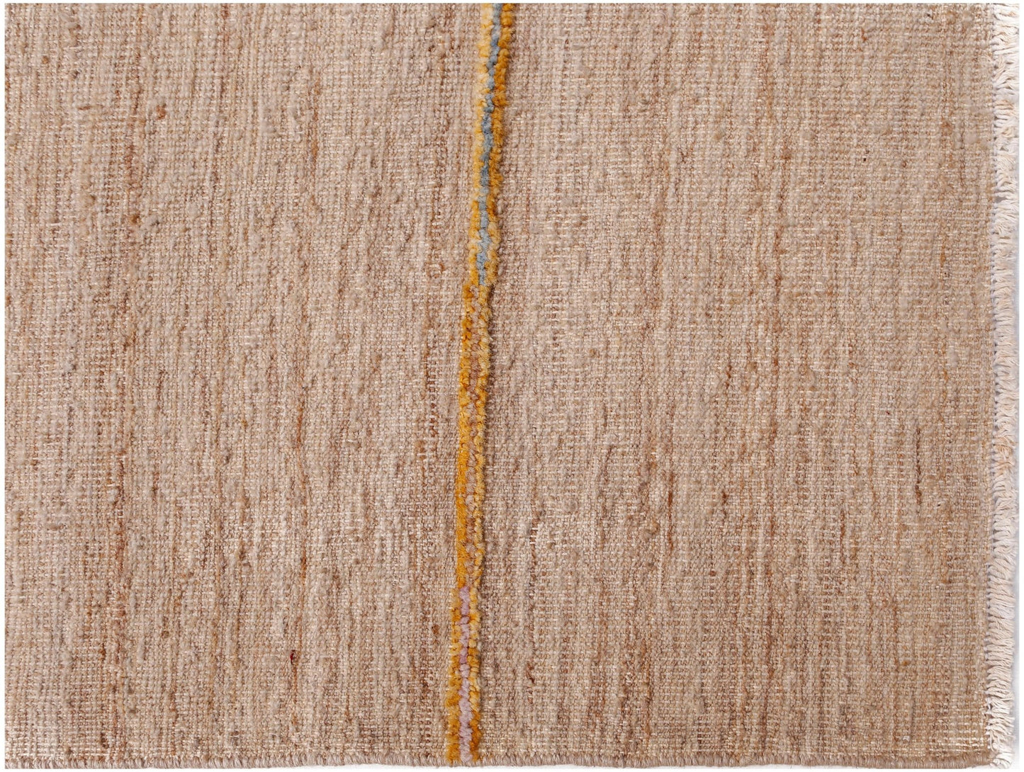 A handmade Afghan Yekta rug in beige wool with a vertical textured stripe and fringed edges.