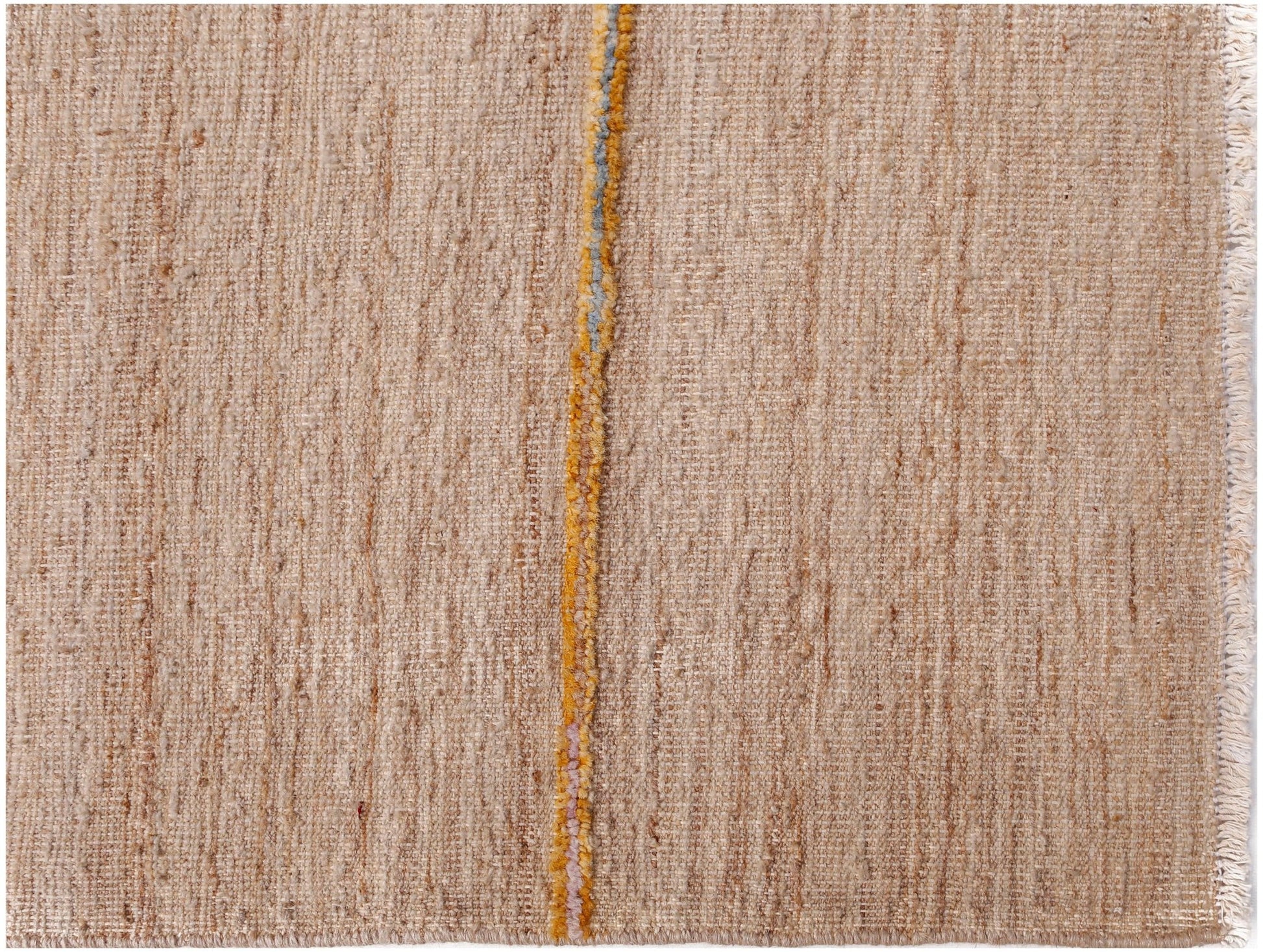 A handmade Afghan Yekta rug in beige wool with a vertical textured stripe and fringed edges.