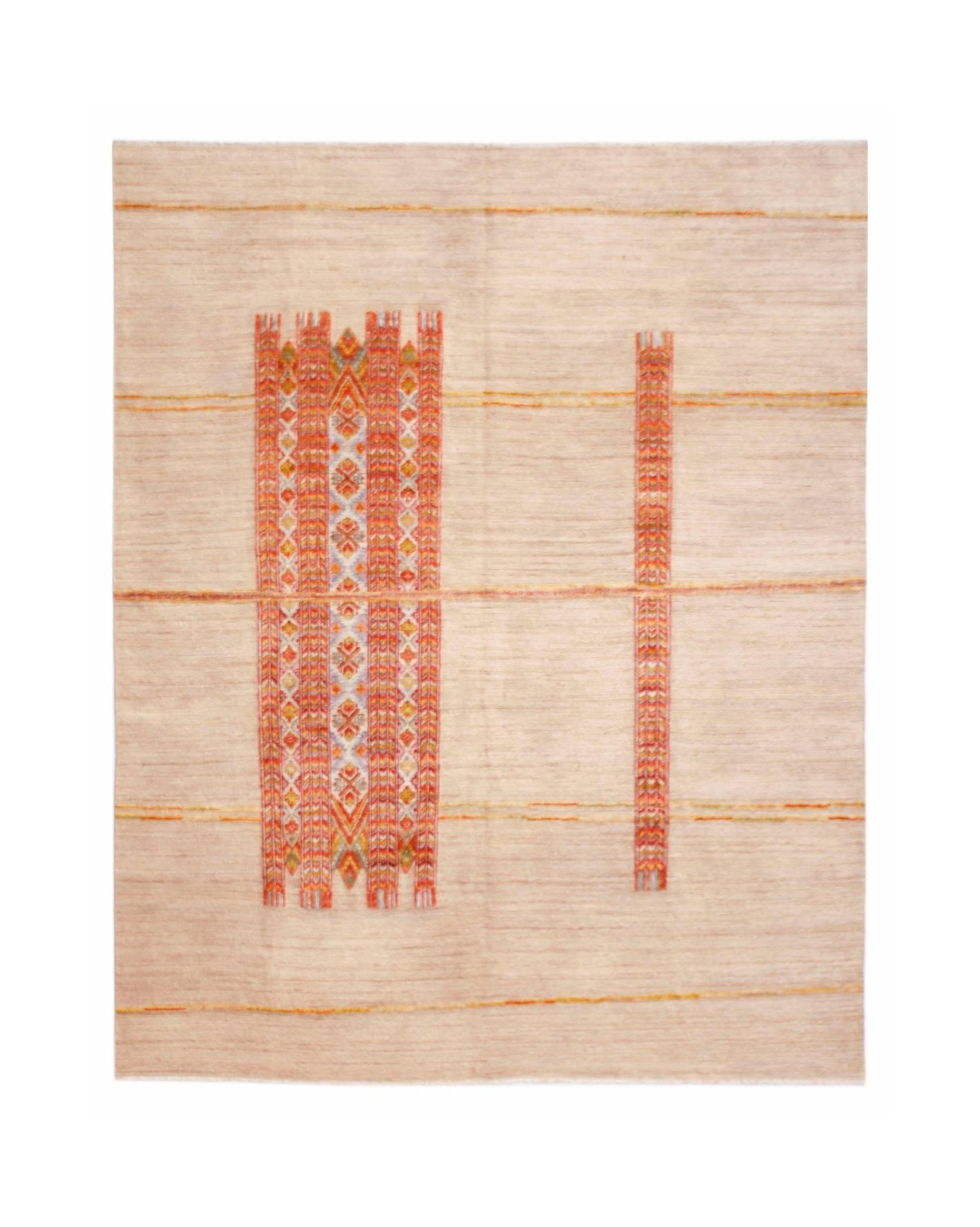 Handmade Afghan Yekta rug featuring a beige field with horizontal stripes and geometric motifs.