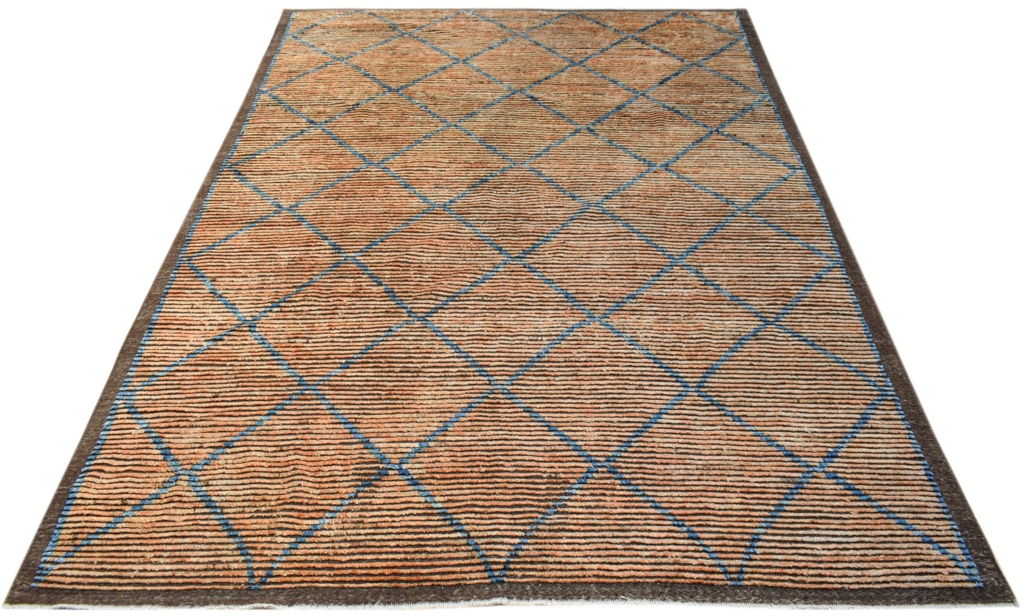 An Afghan Yekta rug featuring a brown textured base with a blue diamond grid pattern.