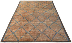 An Afghan Yekta rug featuring a brown textured base with a blue diamond grid pattern.