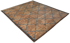 An Afghan Yekta rug featuring a brown and tan striped pattern with blue geometric diamond accents.
