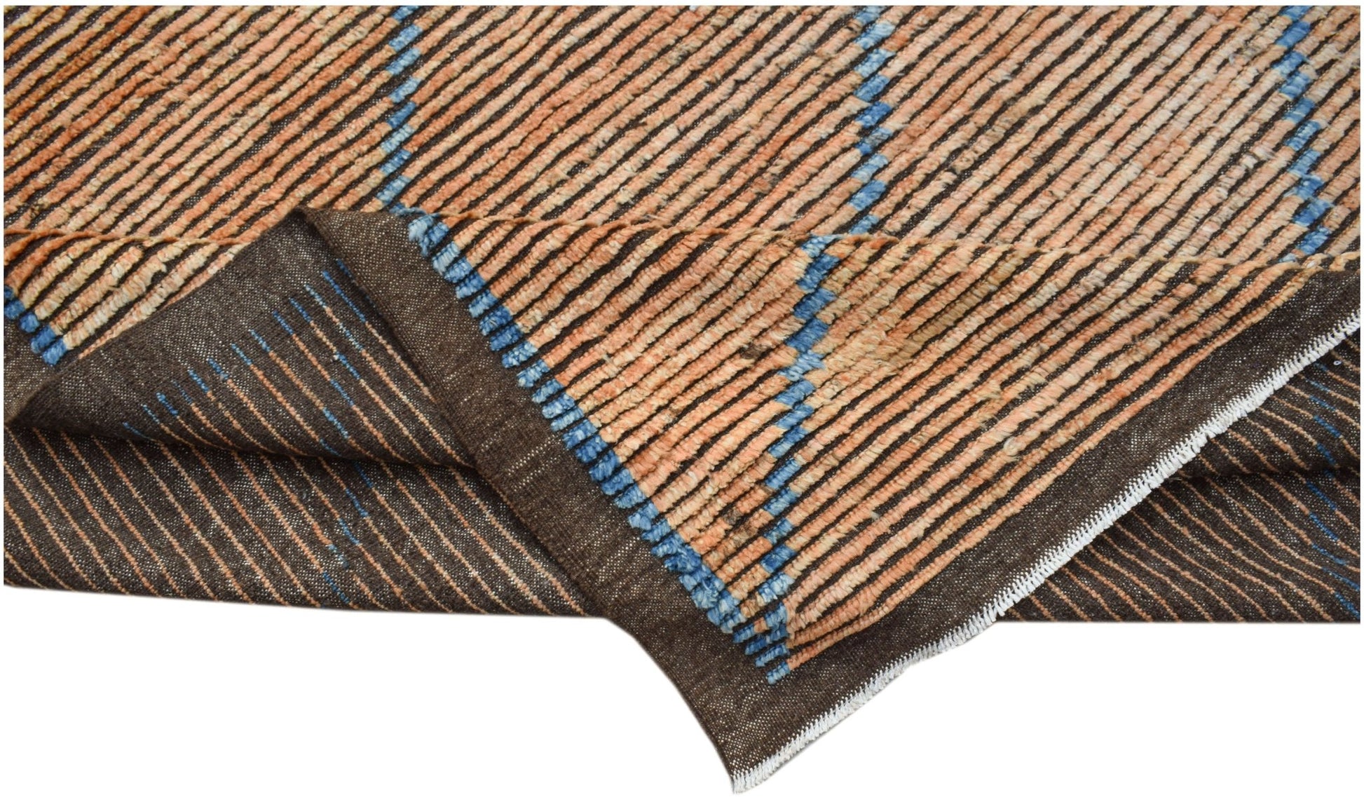 An Afghan Yekta rug featuring a striped pattern in orange, brown, and blue hand-spun wool.