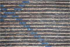 A hand-knotted Afghan rug featuring a dark brown base with horizontal tan and blue striped accents.