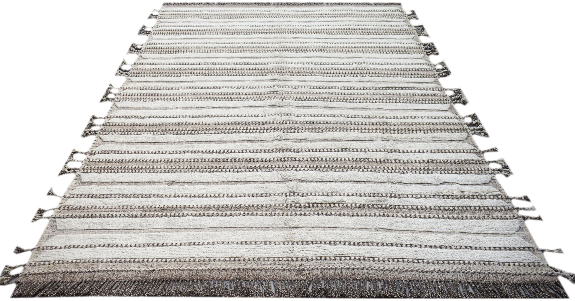 An Afghan Yekta rug featuring alternating cream and brown striped patterns with tasseled edges.