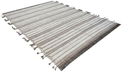 An Afghan Yekta rug featuring a textured striped pattern in neutral tones with tasseled edges.