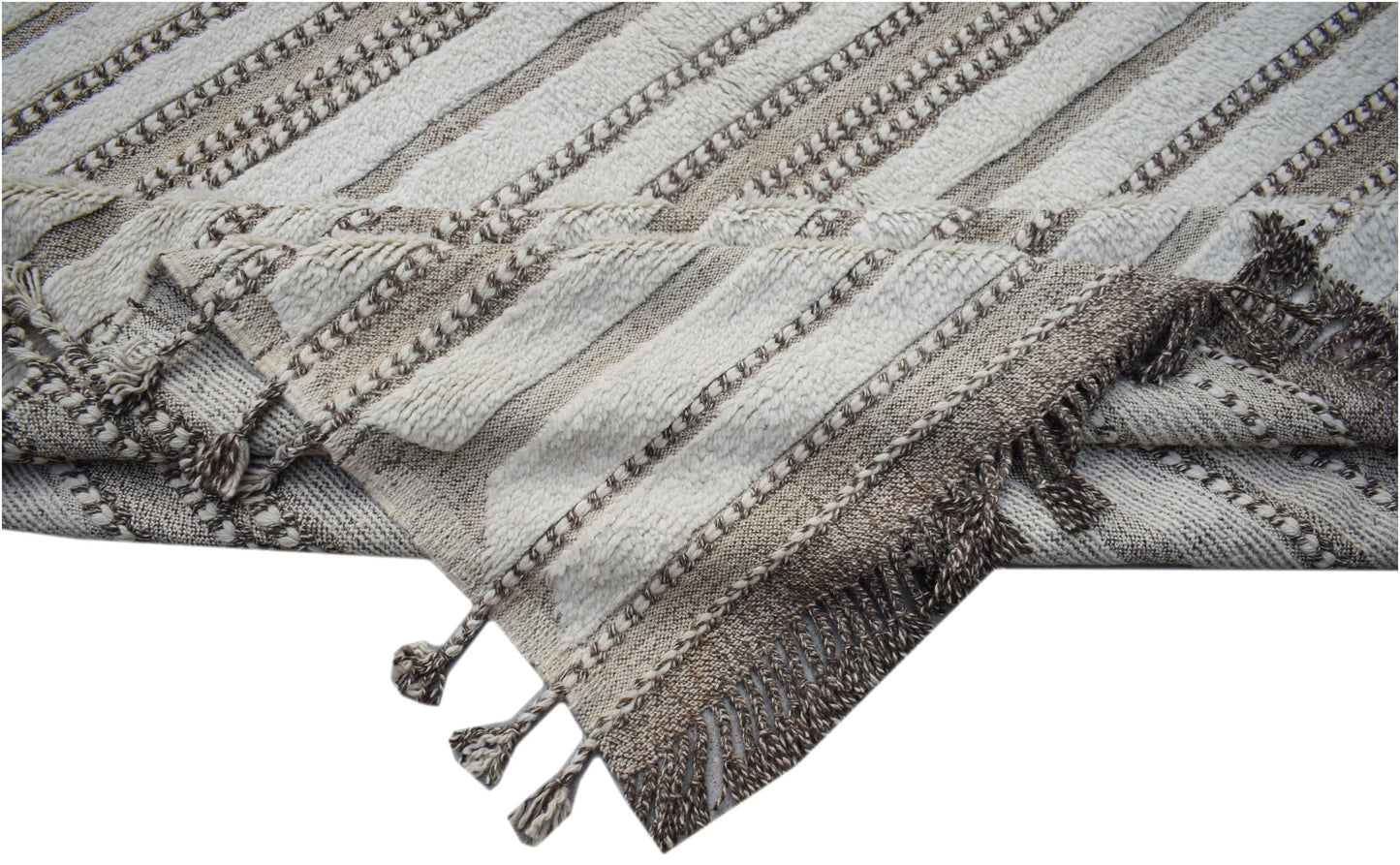 A handmade Afghan Yekta rug featuring a textured striped pattern in neutral tones with fringe.