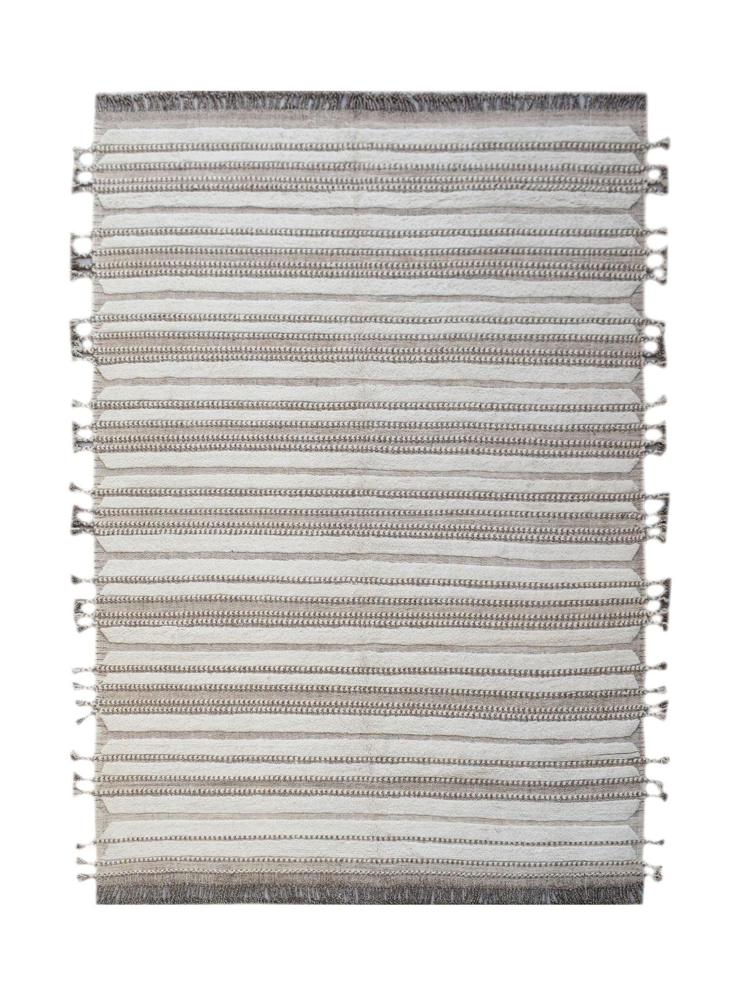 Handmade Afghan Yekta rug featuring alternating horizontal stripes of cream wool and textured grey.