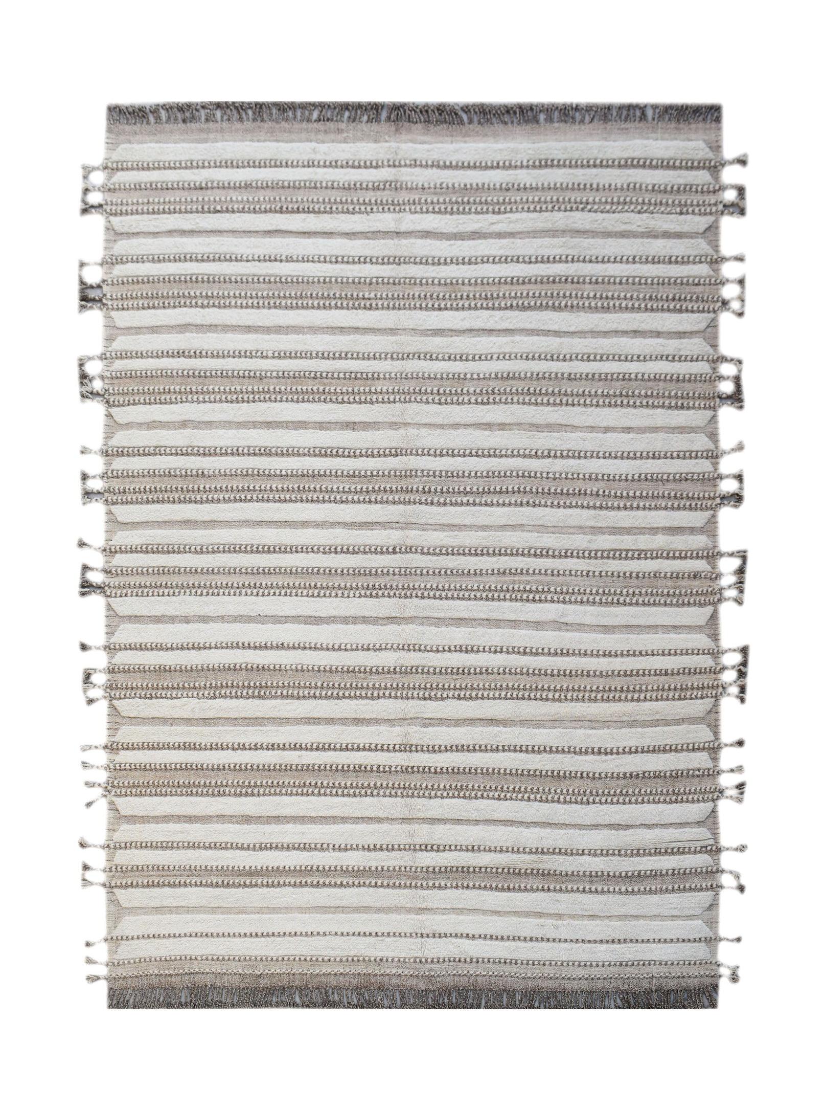 Handmade Afghan Yekta rug featuring alternating horizontal stripes of cream wool and textured grey.