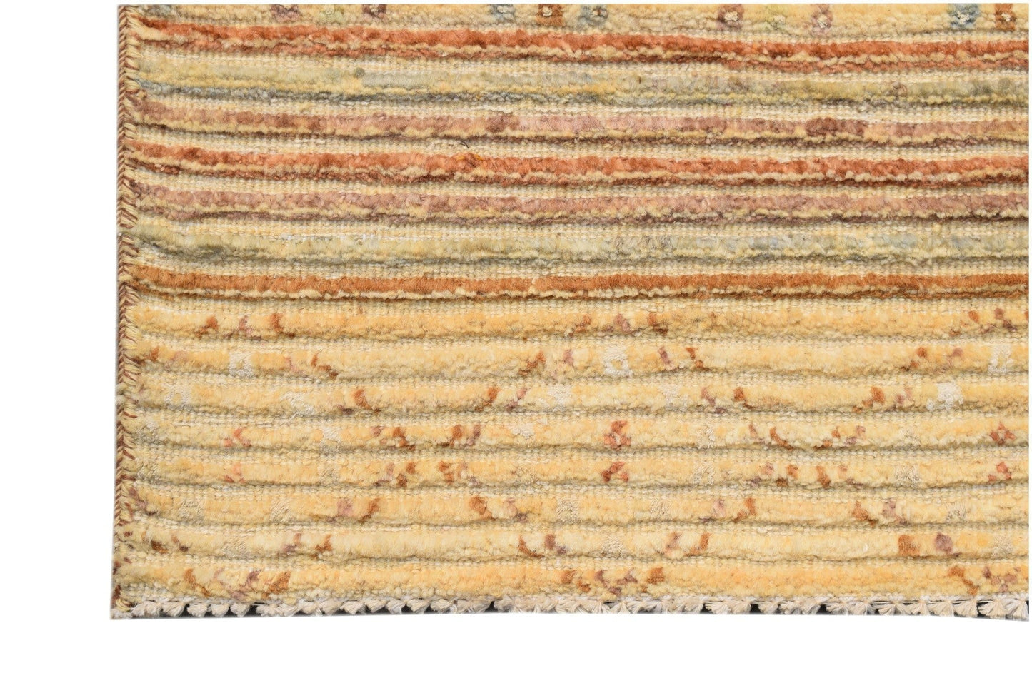 A handmade Afghan Yekta rug featuring horizontal stripes in shades of yellow, orange, and brown.