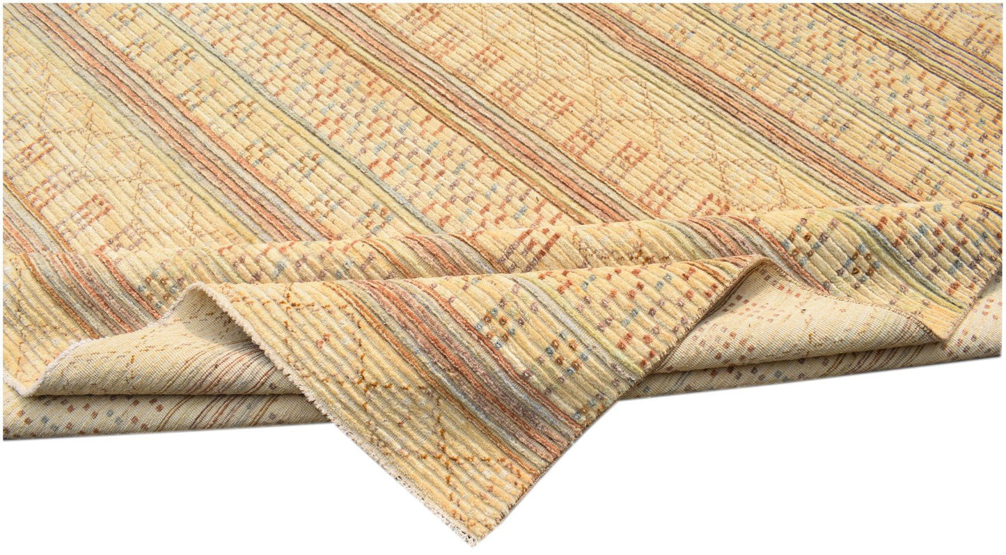 An Afghan Yekta rug featuring a textured, striped pattern in warm yellow, orange, and blue tones.