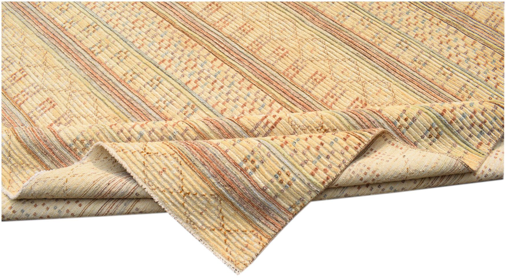 An Afghan Yekta rug featuring a textured, striped pattern in warm yellow, orange, and blue tones.