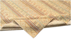 An Afghan Yekta rug featuring a textured, striped pattern in warm yellow, orange, and blue tones.