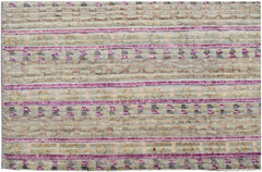 Handmade Afghan Yekta rug featuring horizontal stripes of magenta, beige, and geometric patterns.