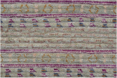Handmade Afghan Yekta rug featuring horizontal stripes of textured wool in purple, grey, and tan.
