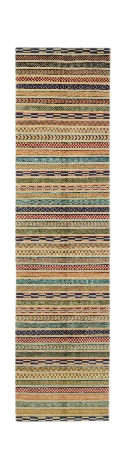 A handmade Afghan runner rug featuring a repeating pattern of colorful, textured horizontal stripes.
