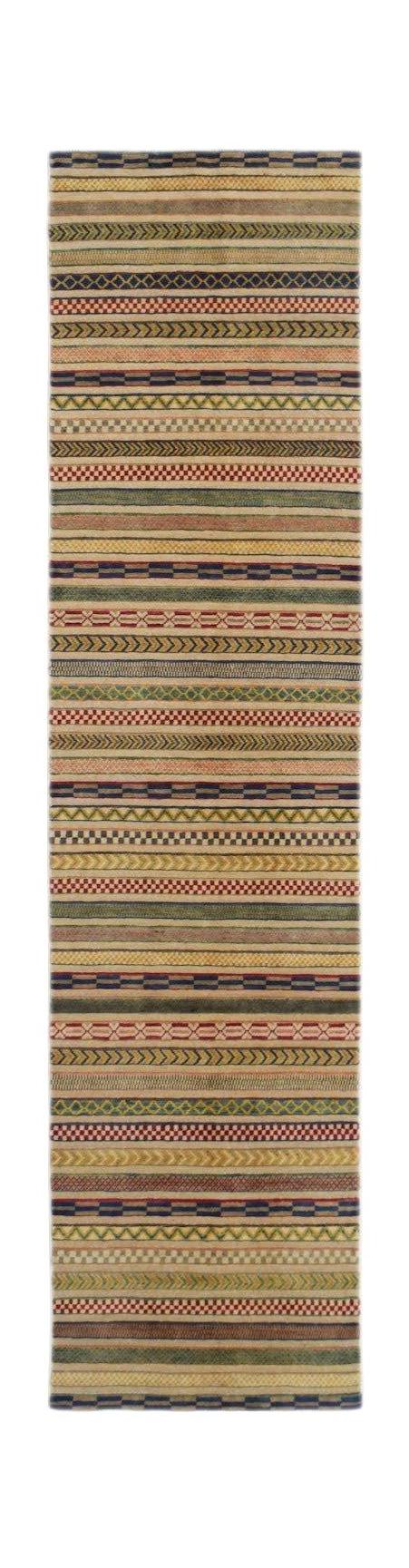 A handmade Afghan runner rug featuring a repeating pattern of colorful, textured horizontal stripes.
